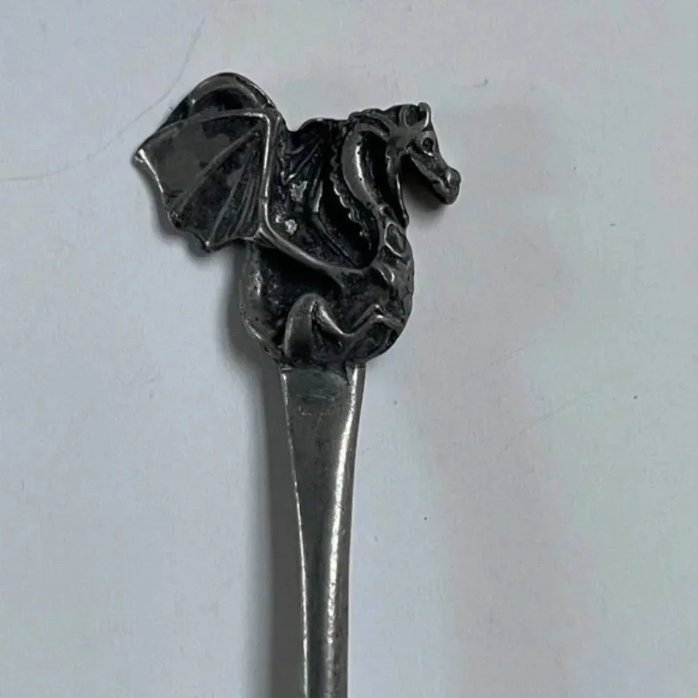Pewter Baby Spoon‎ Set of 2 Silver Dragon Handle Home Decor Kitchen Dining